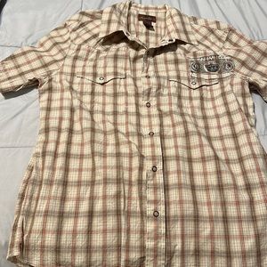 Khaki striped men’s medium short sleeve shirt.